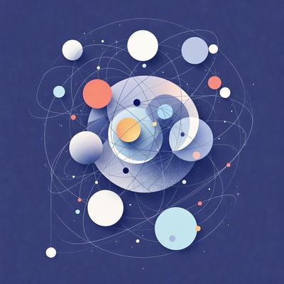 The primary subject of the image is a colorful, abstract design featuring a central circle with various other circles surrounding it. The setting is a blue background, which complements the vibrant colors of the design. The visual style is a combination of digital art and illustration, creating a unique and eye-catching pattern. The dominant colors are blue, orange, and white, giving the design a lively and energetic atmosphere.